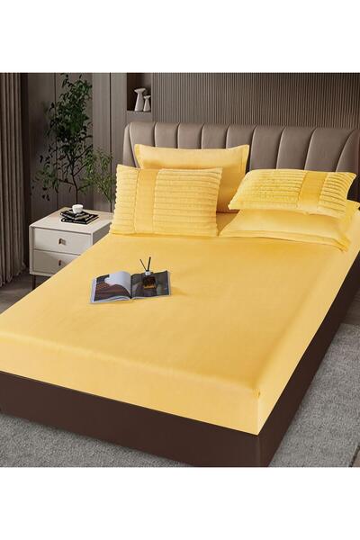 JOJO HOME Double bed linen with elastic and duvet included, faux rabbit fur, 6 pieces, Yellow