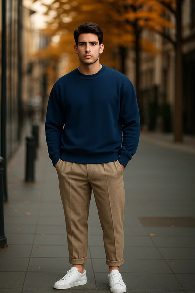 COMBİNE MİCHAİL Ανδρικό casual φαρδύ πουλόβερ βασικό σε μπλε ναυτικό χρώμα