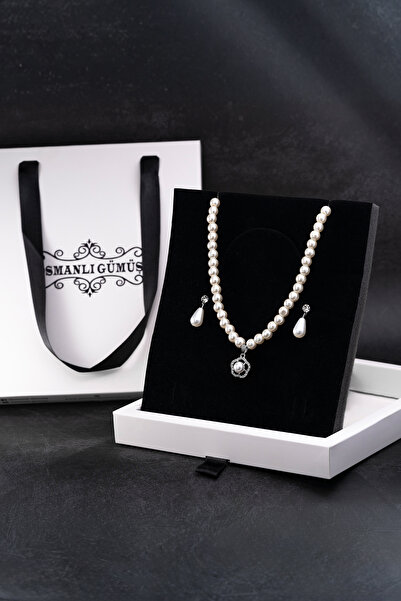 OSMANLI GÜMÜŞ Kadın İnci Kolye Küpe Set - Helena Model Çiçek Motifli Kadın İnci Set