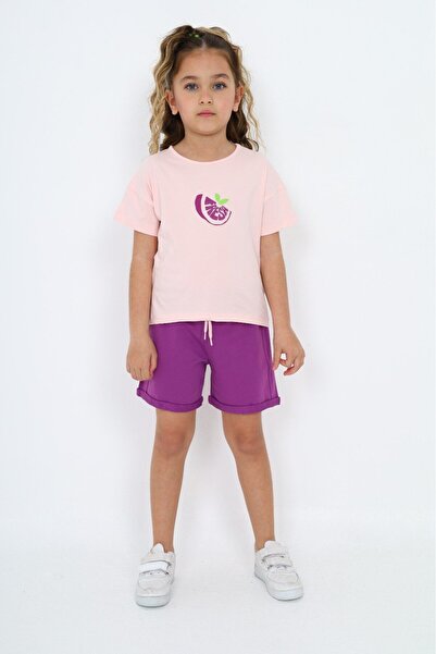 Toontoy Girl's 2-Piece Set Printed Crew Neck T-Shirt & Elastic Waist Shorts