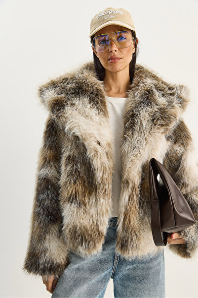 Bianco Lucci Women's Patterned Wide Collar Lined Faux Fur Coat 2850 60281125