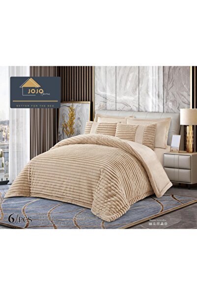 JOJO HOME Double bed linen with elastic and duvet included, faux rabbit fur, 6 pieces, Beige