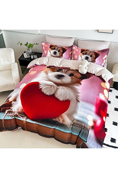JOJO HOME Bedding set, 5D print, with elastic, 140x200cm, 4 pieces, Cute puppy, Cream