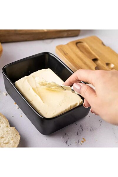 Klausberg Ceramic butter box, butter dish, black, with acacia wood lid and knife,