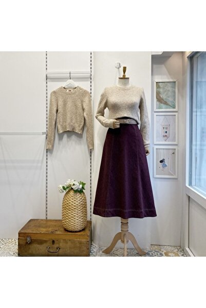 Faya Boutique Süet Kemer Detaylı Bordo Perline Kot Etek