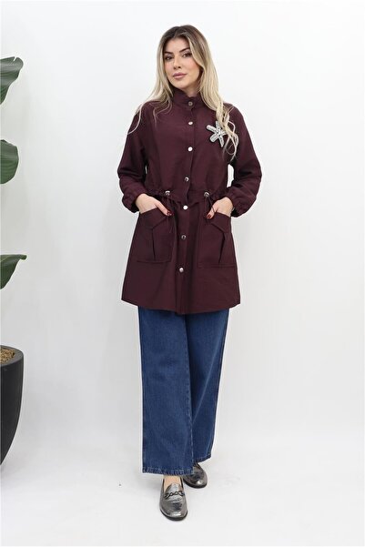 Puane Taş Detaylı Beli Büzgülü Tunik - Bordo