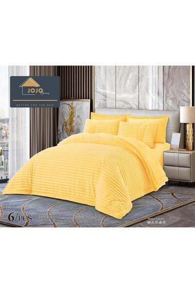 JOJO HOME Double bed linen with elastic and duvet included, faux rabbit fur, 6 pieces, Yellow