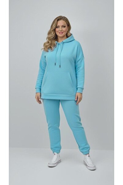 Koza Butik Women's Plus Size Long Sleeve Three Thread Sh Fleece-Lined Rubber Leggings Tracksuit Set 8230