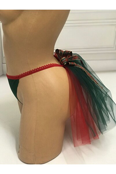 NSMLİFE New Year, Christmas Gift Green Velvet String Thong Model with Tulle Bow Detail on the Back