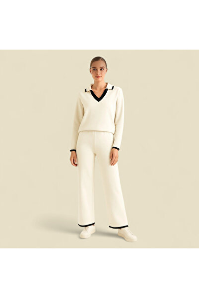 Fua Shop Γυναικείο Σετ Πλεκτό Πουκάμισο με Γιακά Πουλόβερ-Παντελόνι