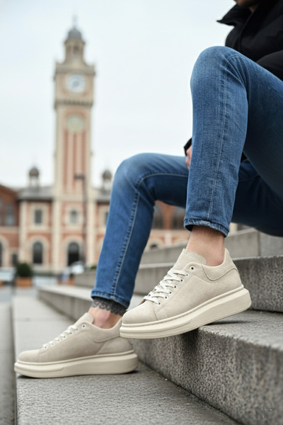 LUXEON Men's Cream Daily Lace-Up Suede Sports Shoes High Thick Sole Casual Stylish Comfortable Sneaker