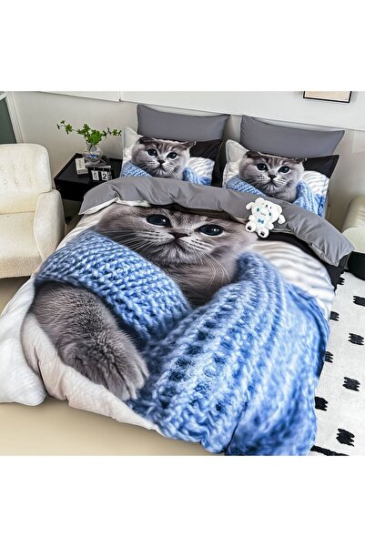 JOJO HOME Bedding set, 5D print, with elastic, 140x200cm, 4 pieces, Cat, Gray