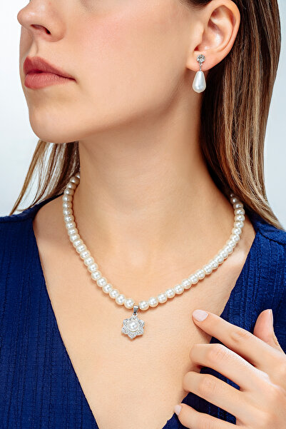 OSMANLI GÜMÜŞ Kadın İnci Kolye Küpe Set - Margaret Model Çiçek Motifli Kadın İnci Set