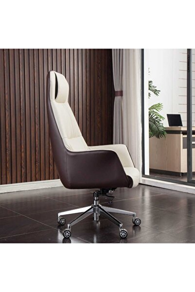 Timebox Scaun de birou executiv, piele naturală, pivotant, reglabil, cadru din lemn, alb/maro