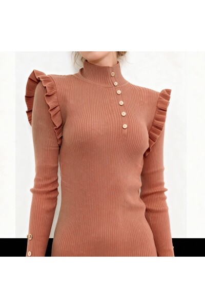 akkanatbutik Women's Collar Sleeve Button Detailed Knitwear Dress