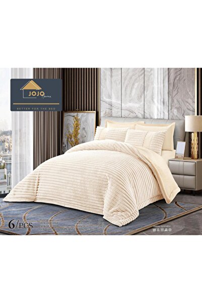 JOJO HOME Double bed linen with elastic and duvet included, faux rabbit fur, 6 pieces, Cream