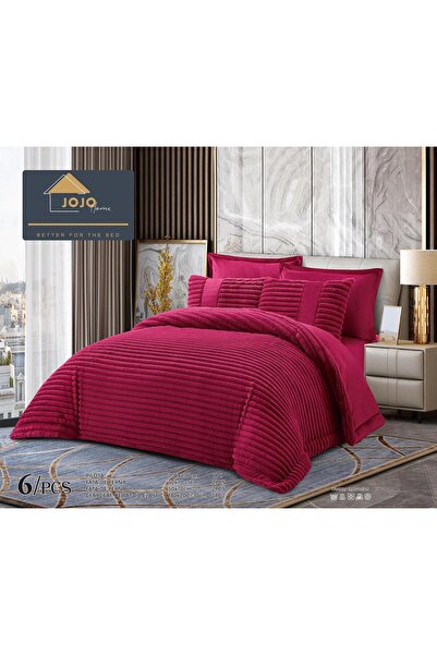 JOJO HOME Double bed linen with elastic and duvet included, faux rabbit fur, 6 pieces, Bordeaux