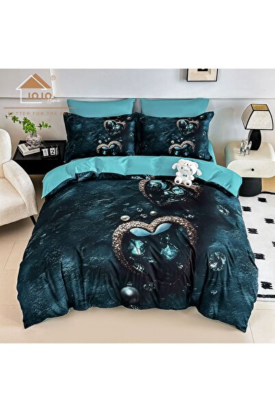 JOJO HOME Bedding set, 5D print, with elastic, 140x200cm, 4 pieces, Crystal hearts, Green