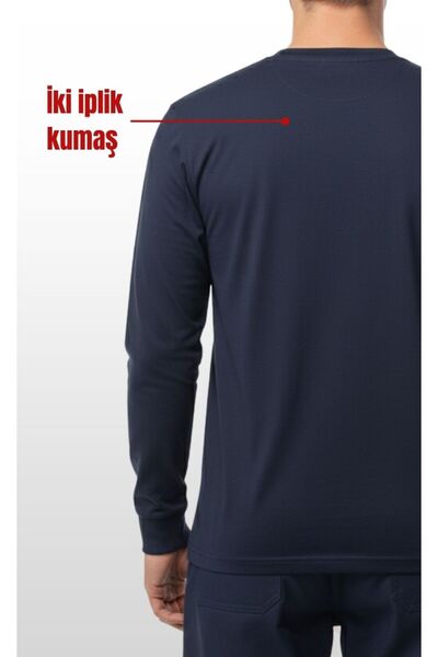 Selçuklu Plus O (Cycling) Collar Sweatshirt – Navy Blue 2 Thread Fabric, Long Sleeve Comfortable Workwear