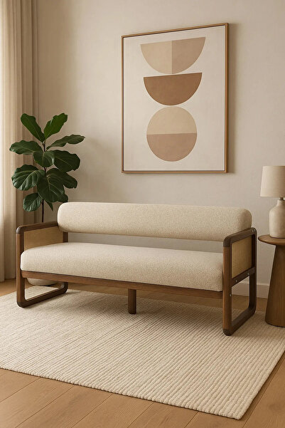 Zem Aryaves Hazeran Jüt Bohem İkili Kanepe Ceviz Ahşap, Sütlü Kahve