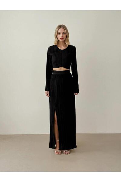 Coral Piliseli Fermuarlı Takım 11588 Siyah