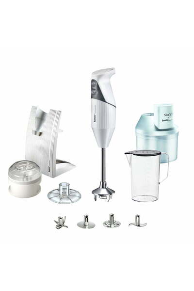 Bamix مجموعة خلاط يدوي باميكس إم200 سوبر بوكس مع ضمان محرك مدى الحياة (عمق الغمر 20 سم) بأربع شفرات باللون الأبيض