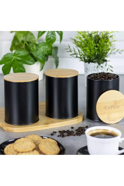 Klausberg Coffee, tea, sugar containers, stainless steel-bamboo, black, round, 3 pieces,