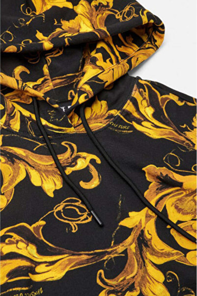 Versace Women's Crop Fit Baroque Patterned Hooded Sweatshirt - Black/Gold