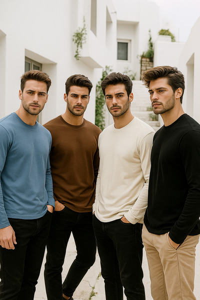 Rich Ανδρικό μακρυμάνικο αθλητικό κορμάκι βασικό σε χρώμα ινδικό-εκρού-καφέ-μαύρο 4 τεμαχίων