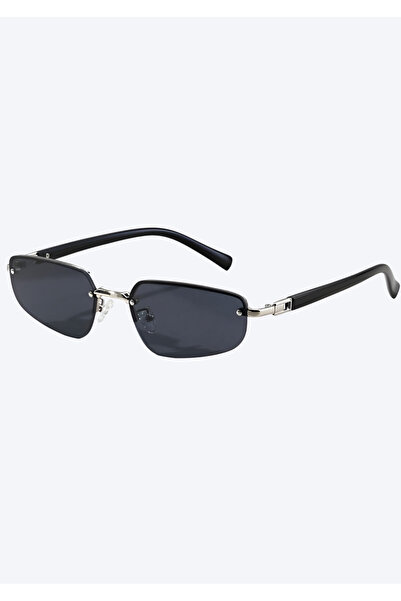 MECKSA Black Rectangle Rimless Sunglasses – Minimalist Metal Frame Street Style Eyewear