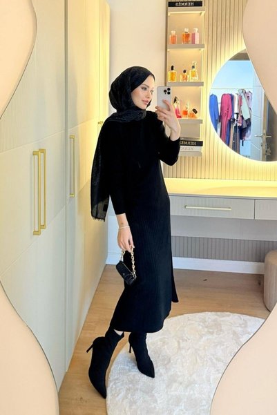 Flavus Puella Women's Gathered Edge Corded Fabric Crew Neck Midi Knit Dress