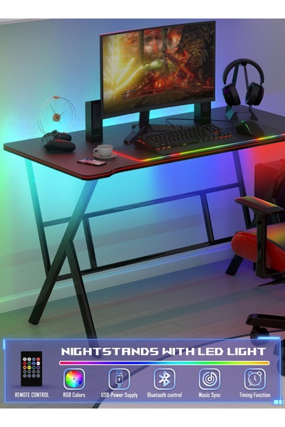 AnneFish Gaming Desk With Smart Bluetooth Led Strip Music Sync Corner Computer Desk Carbon Fiber Table