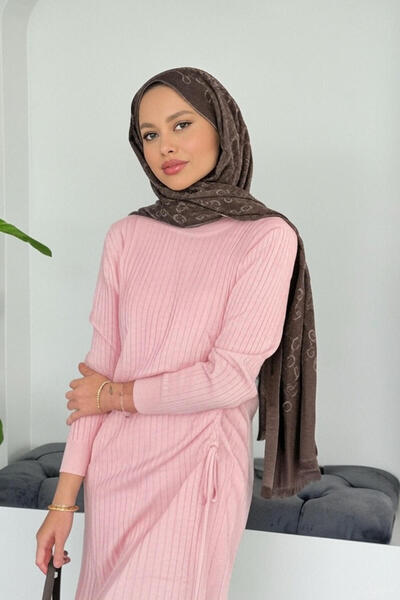 Flavus Puella Kadın Kenarı Büzgülü Fitilli Bisiklet Yaka Midi Triko Elbise