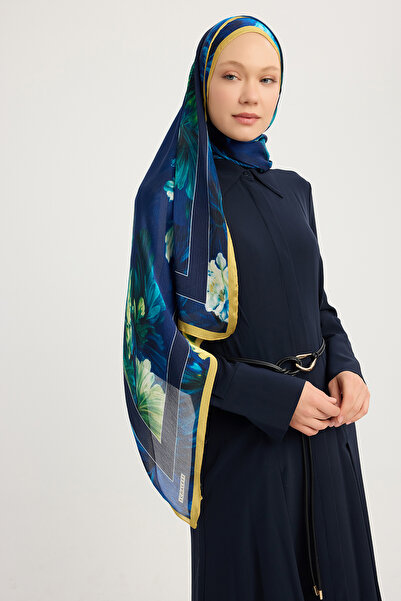 ipekistanbul Aurora Patterned Fringed Shawl - Secret Garden - Navy Blue