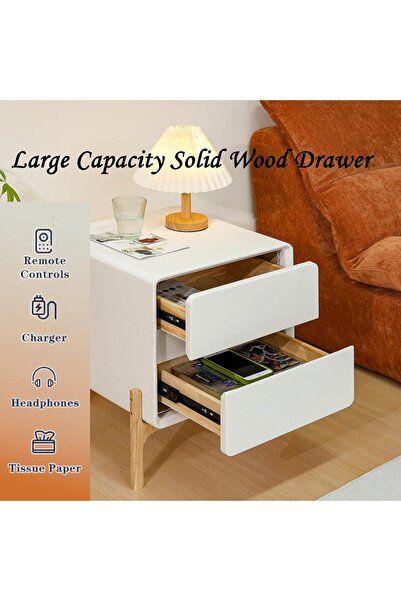 XINYUEMAIC Modern minimalist bedside table, solid wood edge table with 2 drawers, leather storage cabinet