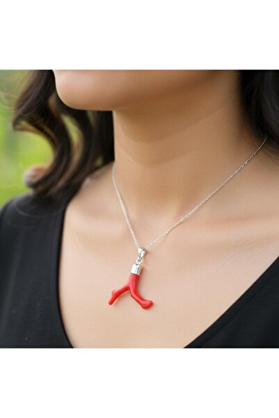 Taş Sandığı Doğal Boyasız Dal Mercan Taşı Gümüş Kolye – 925 Ayar Gümüş Zincirli