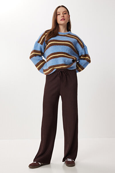 Lovelyİstanbul Geniş Paça Krinkıl Örme Pantolon LCI0057 KAHVERENGİ
