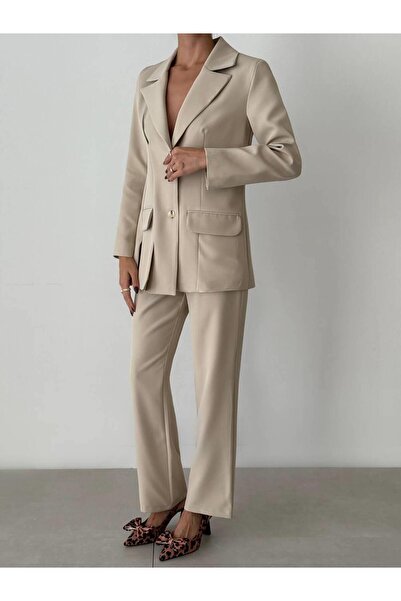 Coral Kapaklı Cep Detaylı Ceket Pantolon Takım 11874 Bej
