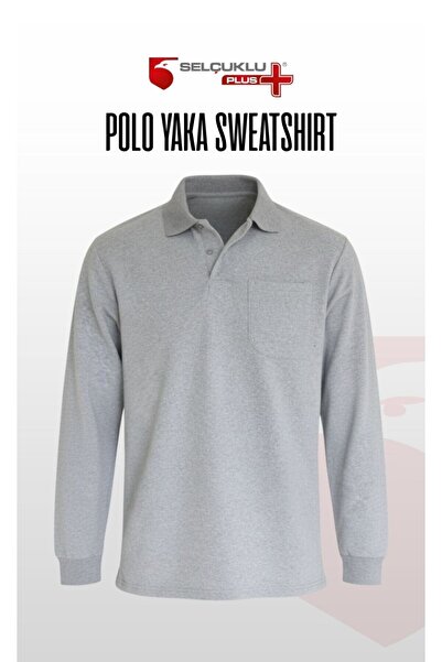 Selçuklu Plus Gri Polo Yaka Sweatshirt – 2 İplik Kumaş, Uzun Kollu Rahat İş E...
