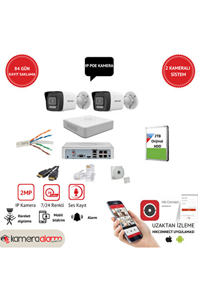 kamera alarm sepeti 2 Kameralı IP Güvenlik Kamerası Sistemi, Geniş Açılı, Gec...