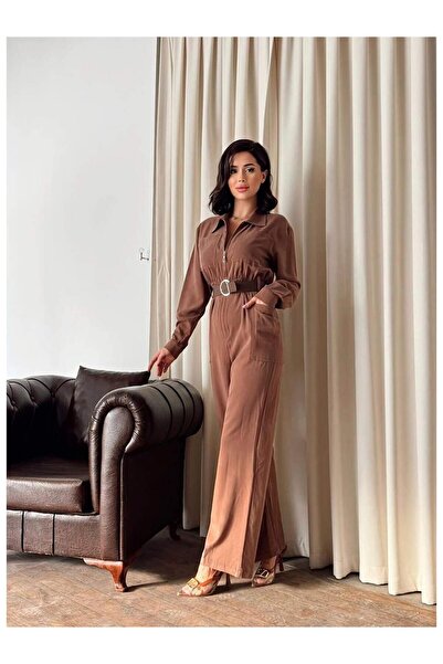 Coral Fermuarlı Kemerli Tulum 6043 Kahve