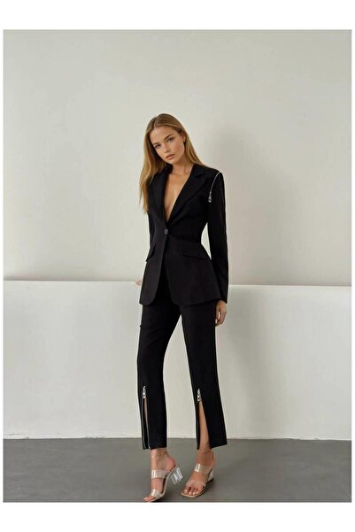Coral Fermuar Detaylı Ceket Pantolon Takım 11274 Siyah