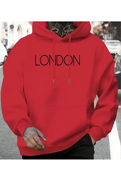 herkesemoda London Printed Hooded Red Sweatshirt