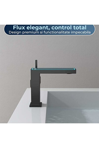 Timebox Robinet cu afișaj LED pentru temperatură, pătrat, monocomandă, hidroalimentare fără baterii, alamă masivă, negru mat