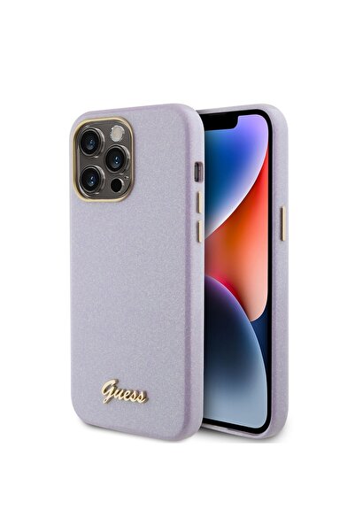 Guess Carcasă pentru iPhone 15 Pro Max, sclipici lucios cu scriere, violet