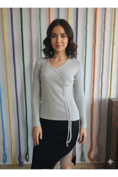 HOFY 1587 Double-Breasted Soft Knit Blouse with Lace-Up Detail