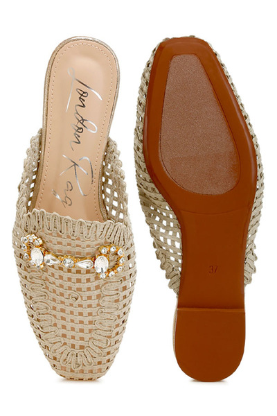 london Rag Women Metallic Woven Diamante Mules in Beige