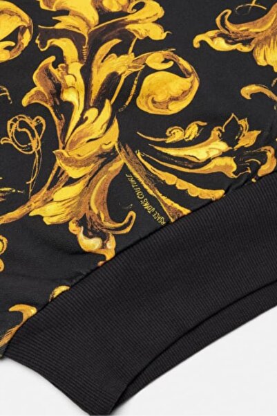 Versace Women's Crop Fit Baroque Patterned Hooded Sweatshirt - Black/Gold