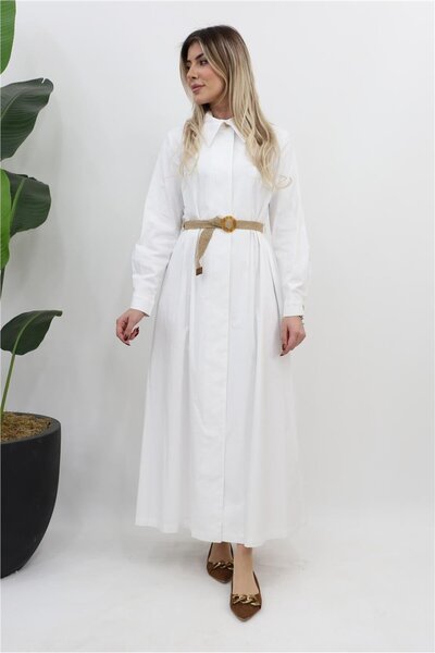 Kayra Hasır Kemer Detaylı Pamuklu Elbise - Optik Beyaz