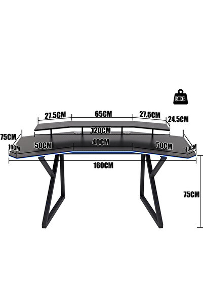 AnneFish 160cm Wing-Shaped Gaming Computer Desk with Power Outlet and Smart LED Light and Monitor Stand